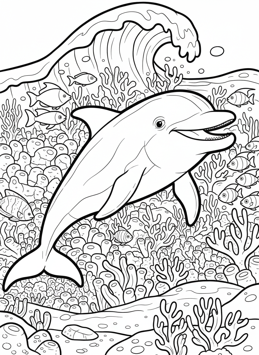 An underwater scene with a smiling dolphin, fish, and coral reef, clear line art composition