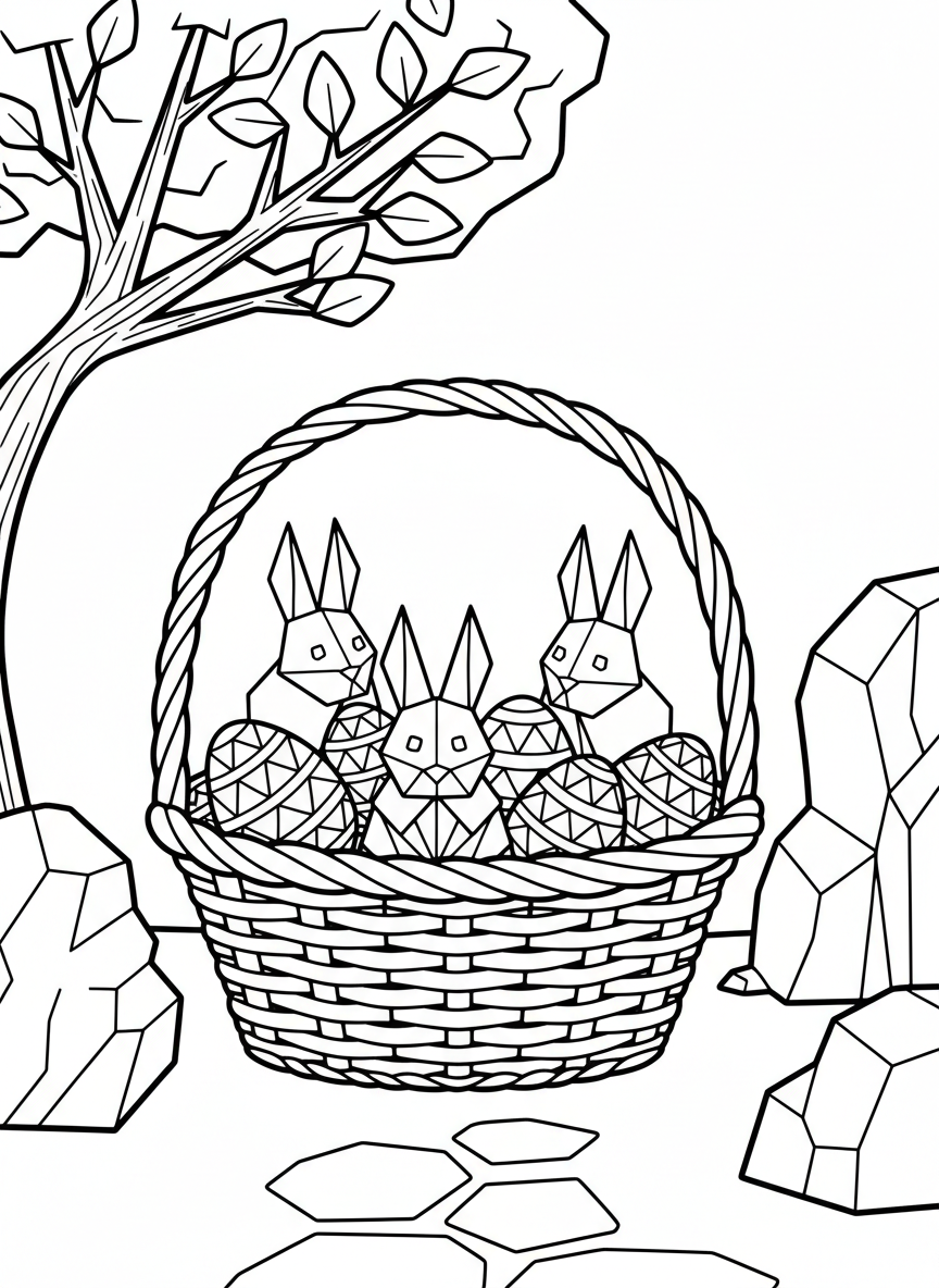 An origami bunny inside a simple basket with Easter eggs, geometric paper-folded rabbit with triangle ears and round body
