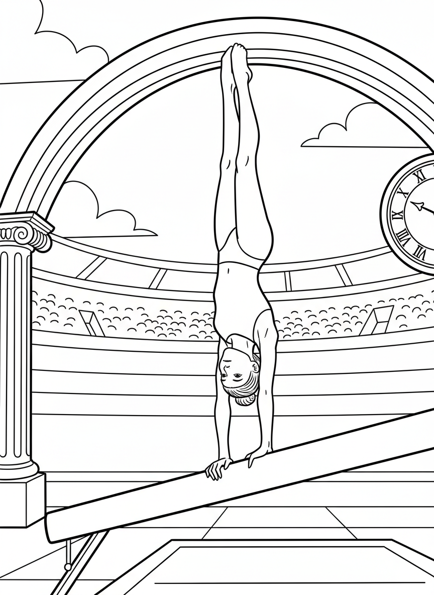 A young gymnast doing a handstand on a balance beam, with arms straight and legs pointed upward, graceful pose.
