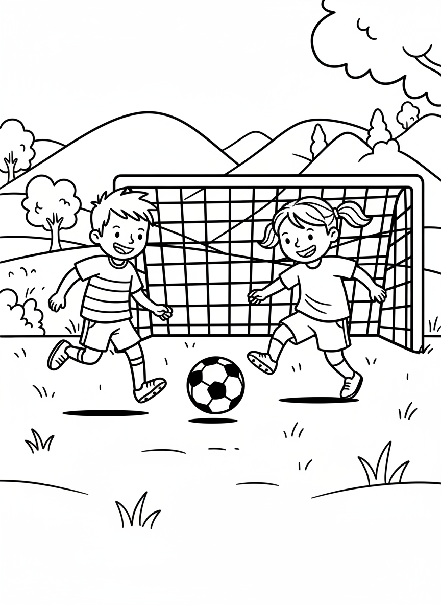 Two kids playing soccer together on a grassy field, one passing the ball to the other, with a goal net in the background
