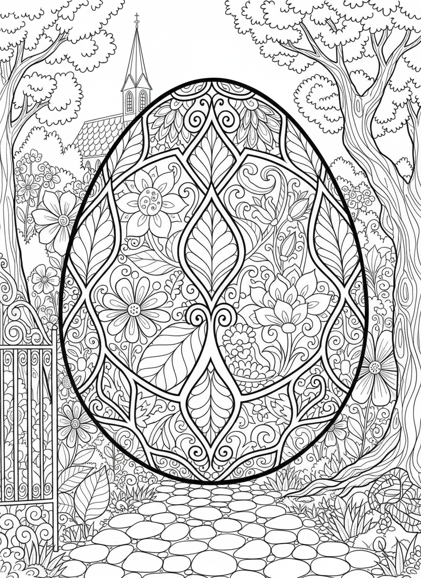 A large decorative Easter egg with intricate geometric patterns, swirls, and floral designs covering the entire surface