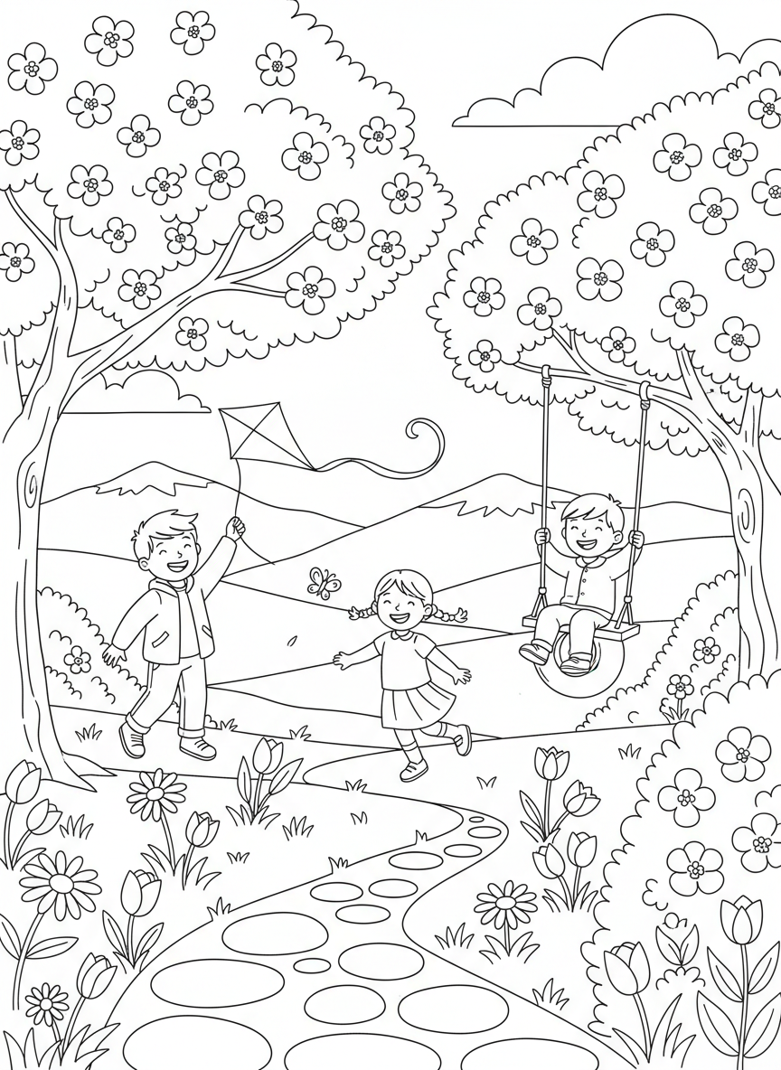 First Day of Spring coloring page prompts celebrating renewal, blooming landscapes, fresh air, and seasonal optimism.	Children playing outside in lighter clothing, enjoying the return of warmth and open skies.