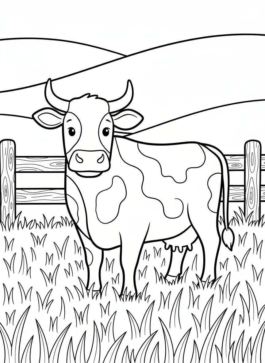 A friendly cow standing in a grassy meadow with a wooden fence and rolling hills in the background, simple line art for coloring.