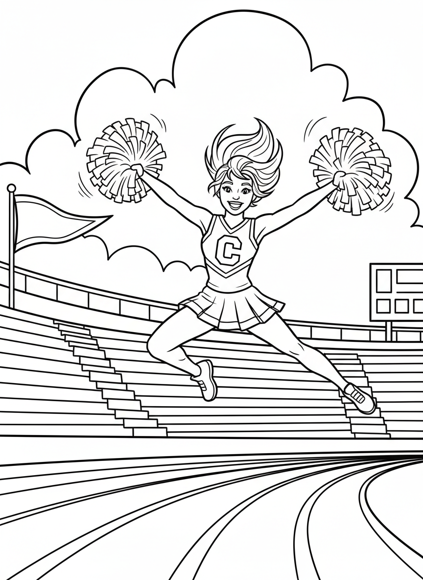 A cheerleader with pom-poms jumping in the air, big smile, uniform with team spirit, energetic pose for coloring.