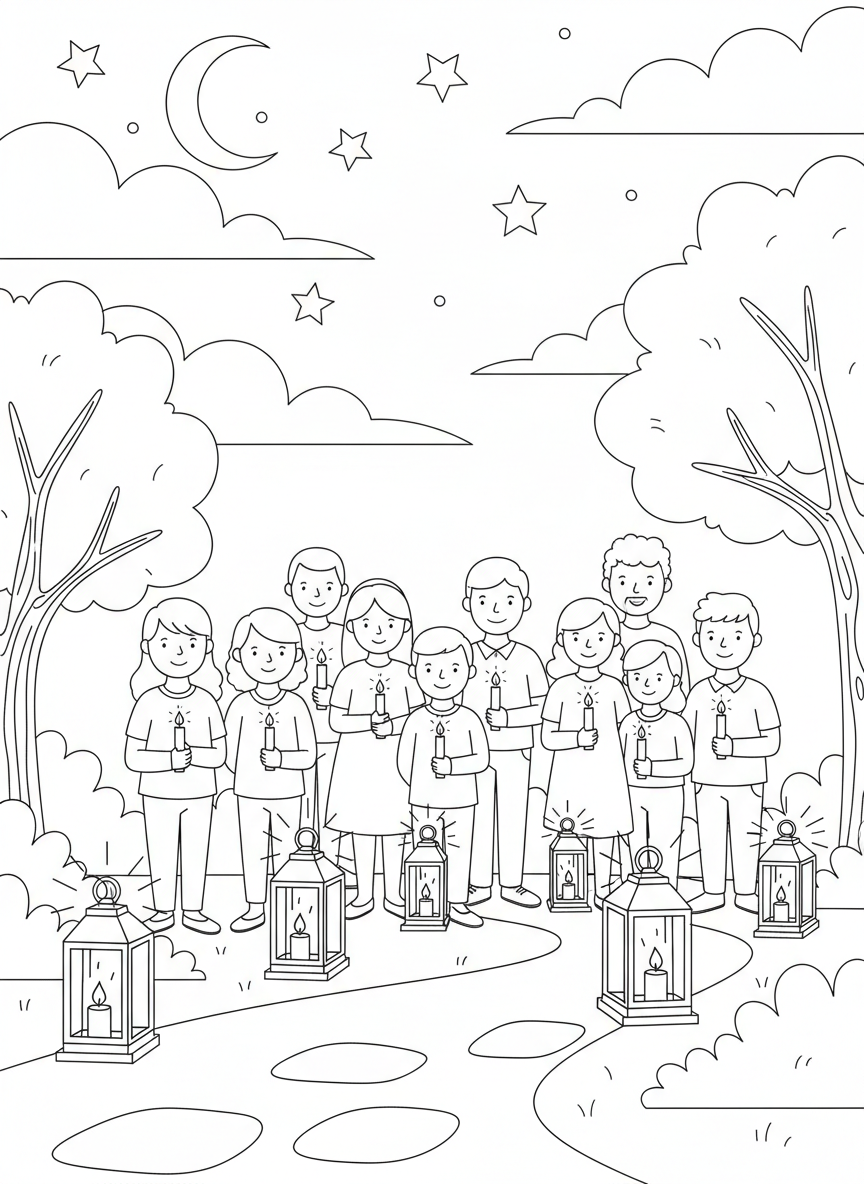 Memorial Day coloring page prompts honoring remembrance, reflection, community gatherings.	A candlelight vigil at dusk, lanterns lining a pathway as people stand together in silence beneath a calm, fading sky.