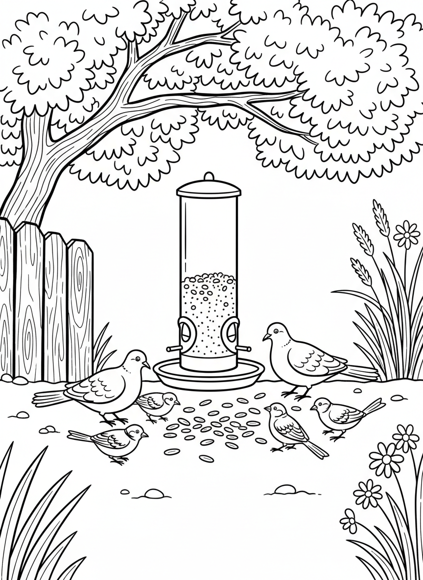 A ground-feeding scene with doves and sparrows eating scattered seeds beneath a tall bird feeder