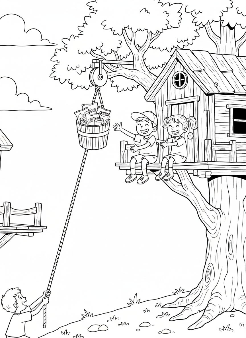 A bucket pulley delivering snacks and drinks to kids in a treehouse, with the rope clearly visible.