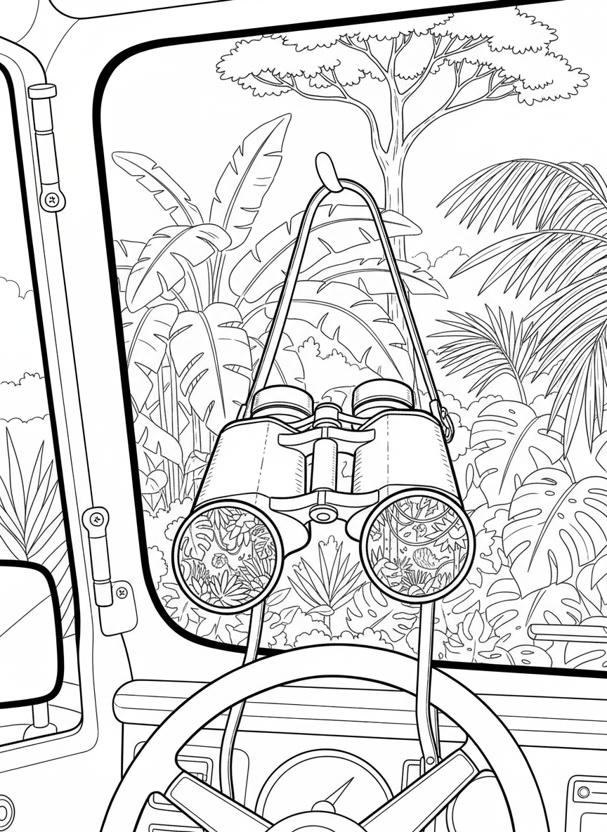 Close-up of safari binoculars hanging on a jeep's mirror with jungle foliage reflected in the lenses.