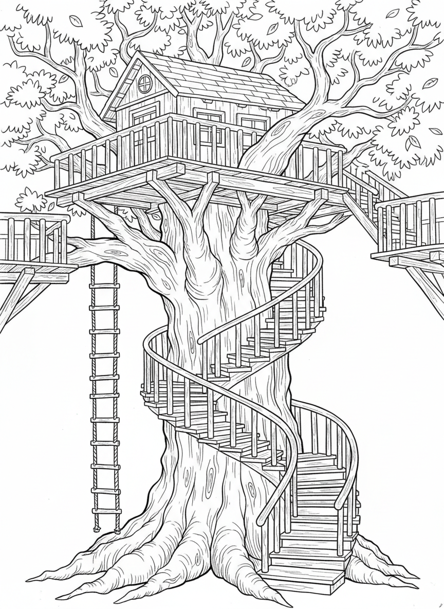 A spiral staircase wrapping around a large tree trunk leading up to a treehouse platform with a rope ladder hanging down.