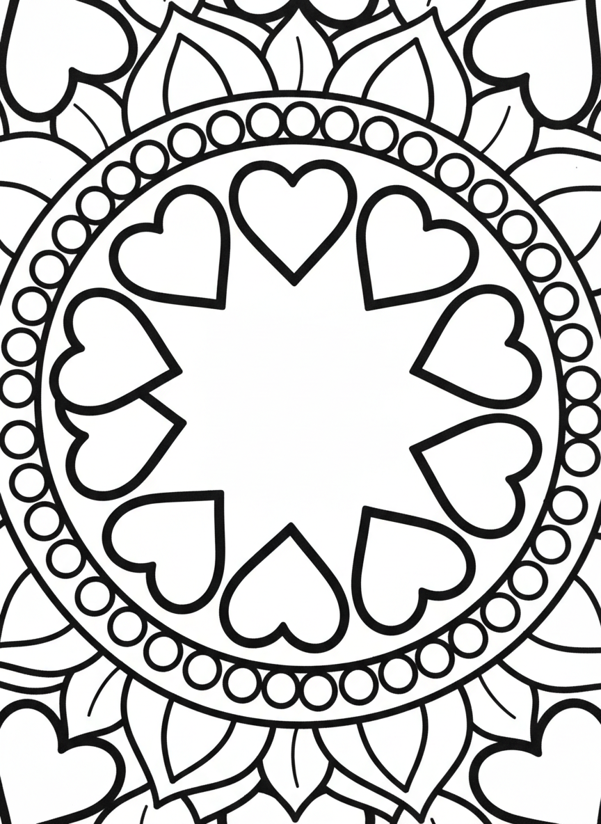 A simple mandala with large heart shapes radiating from the center, surrounded by circular dots and simple petal outlines, perfect for young children
