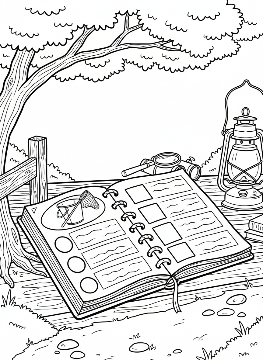 A field log with a bucket and net illustration at the top, numbered entry spaces for multiple discoveries, and small sketch boxes