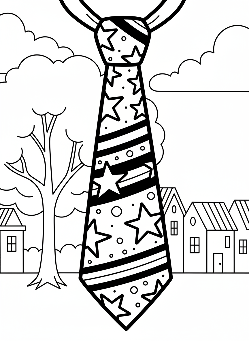 A necktie decorated with fun patterns like stars, stripes, and polka dots, displayed vertically with a bow at the top.