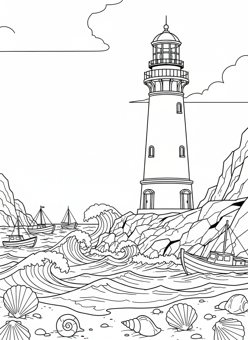 A lighthouse on a rocky shore with waves, boats in the distance, and seashells on the beach