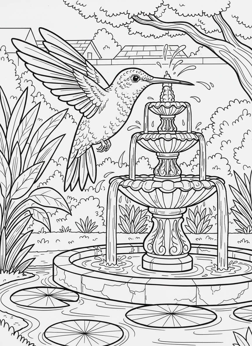 A hummingbird hovering above a water fountain in a garden, with water droplets and lily pads visible below