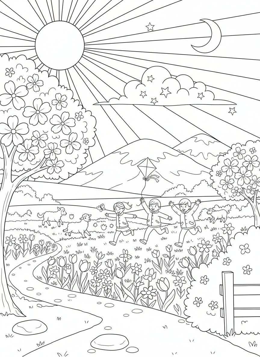First Day of Spring coloring page prompts celebrating renewal, blooming landscapes, fresh air, and seasonal optimism.	An evening scene with golden light stretching longer into the day, marking spring’s hopeful beginning.