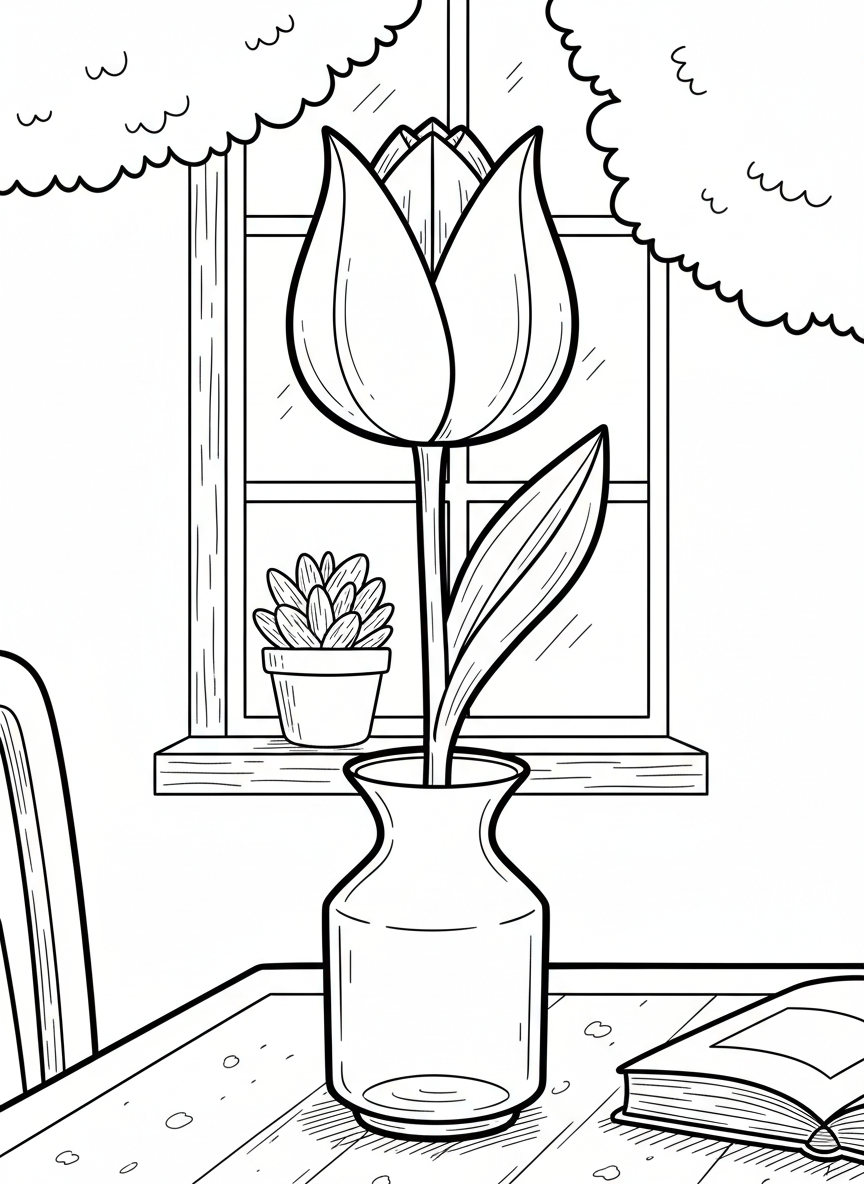 An origami tulip flower in a simple vase, with stem and leaves, showing the layered petal folds and clean lines.