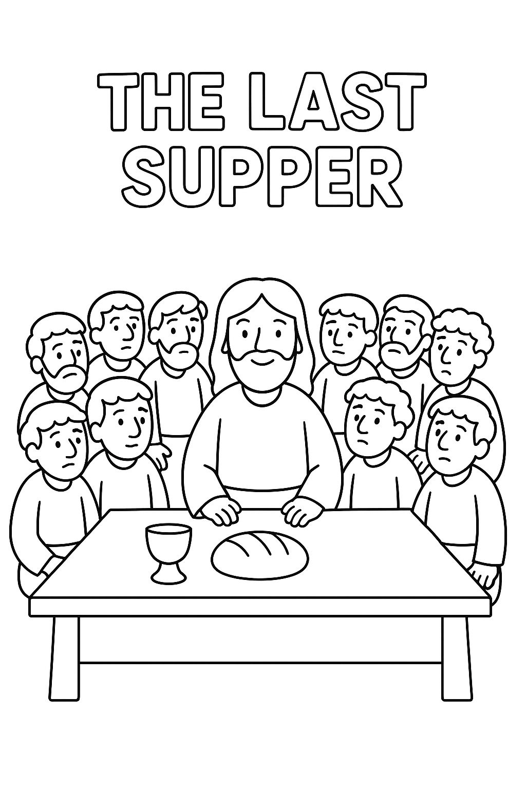 Simplify the scene with Jesus and disciples sitting at a long table, bread and cup in front. Keep background minimal.