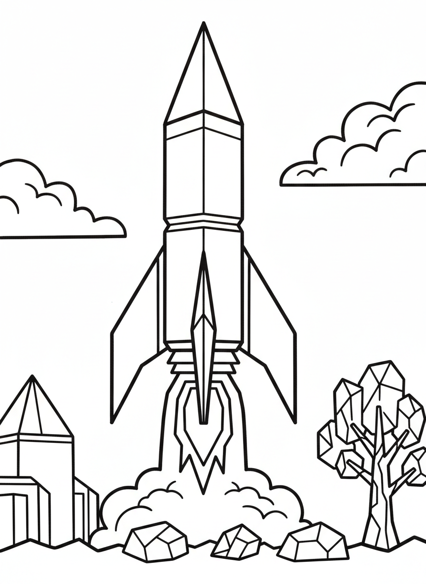 An origami rocket ship with sharp triangular fins and rectangular body panels, launching upward with geometric flame shapes beneath it