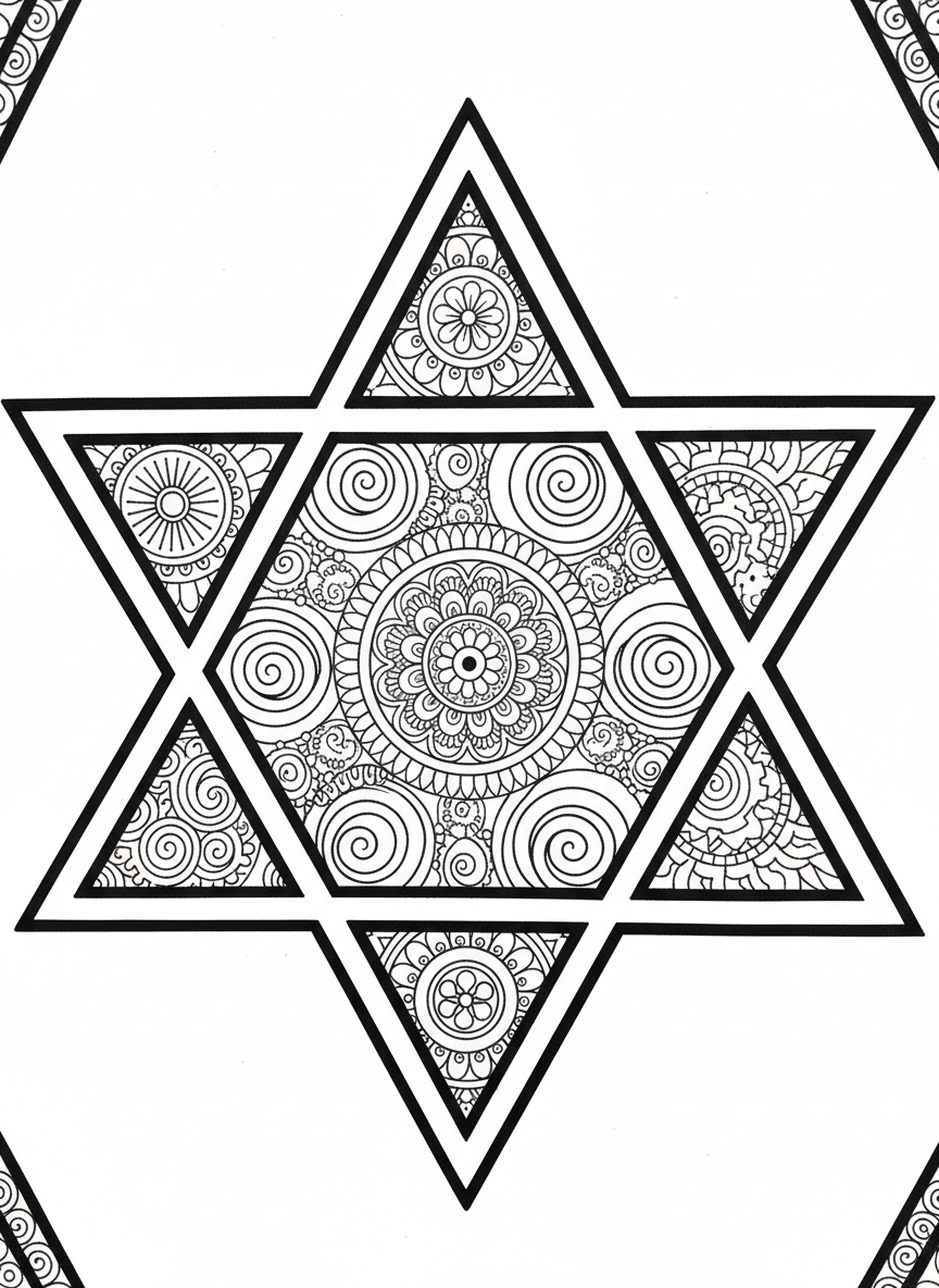 A large Star of David made up of smaller decorative patterns and shapes inside, mandala-style design for detailed coloring.