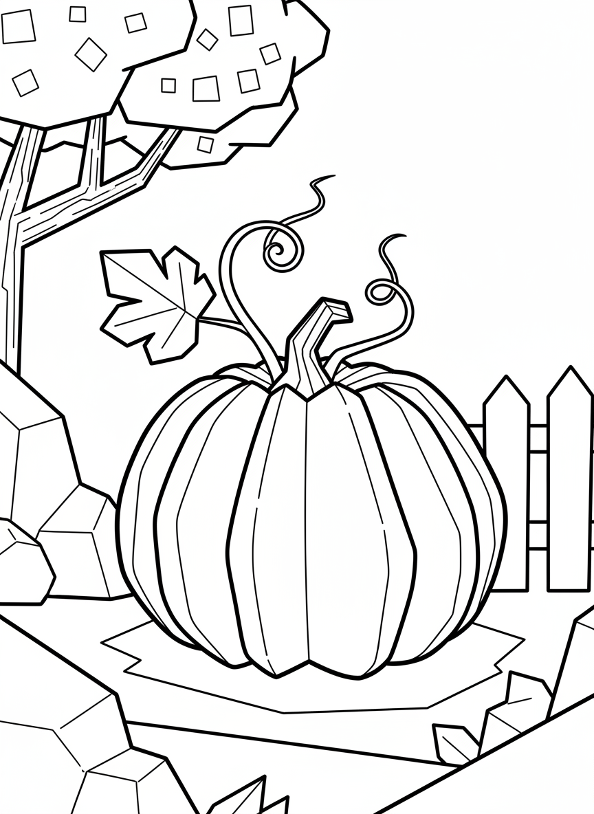 An origami pumpkin with vertical paper fold lines creating segments, a curly paper vine, and geometric stem on top