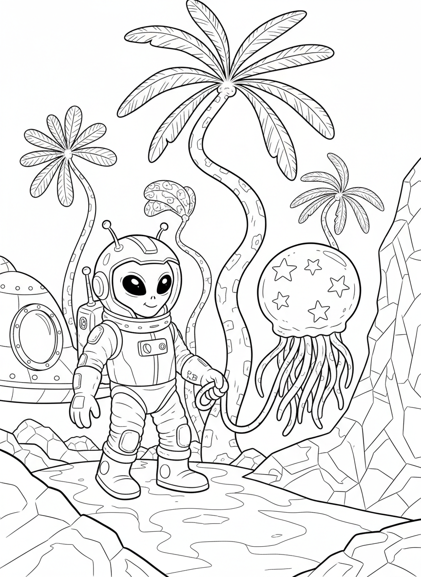 A friendly alien walking a space pet that looks like a floating jellyfish with stars on its body