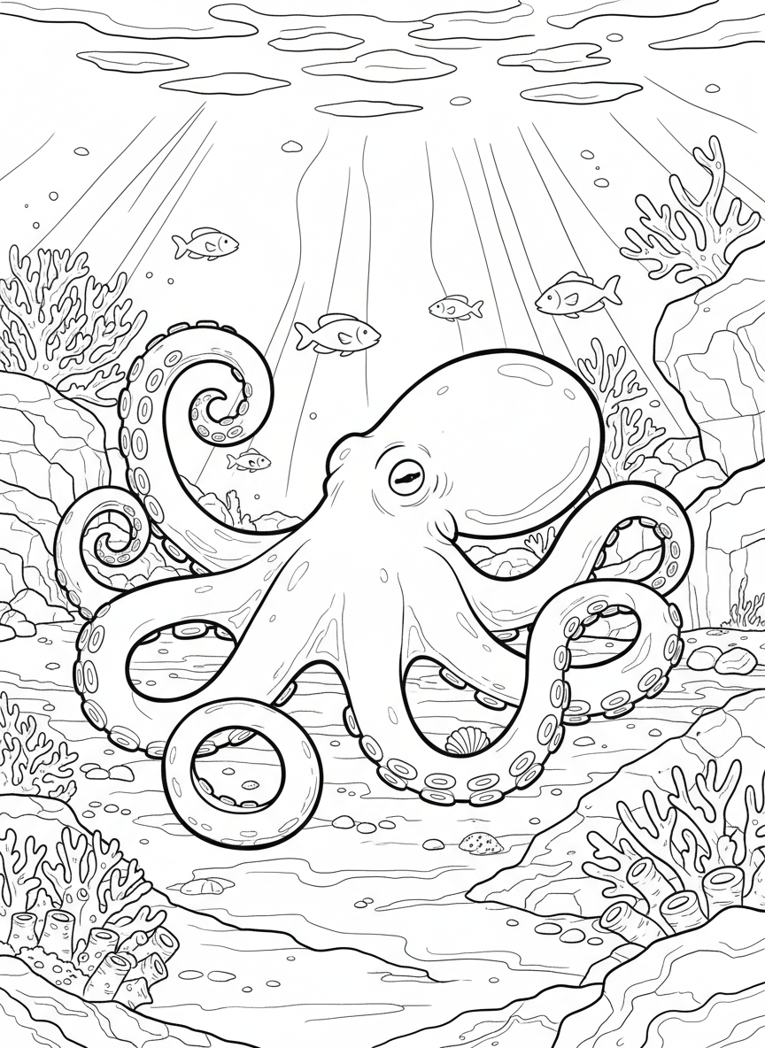 A gentle underwater scene showing a large octopus resting on a rocky seabed, its tentacles curled around coral and shells, while small fish swim nearby and beams of sunlight filter down through the water, creating soft patterns across the sand.