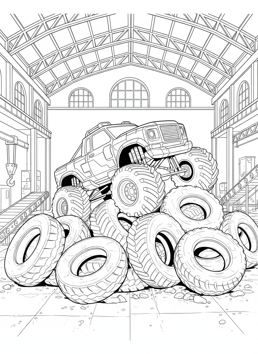 A monster truck with robot-themed decorations climbing over a pile of giant tires, industrial warehouse setting in background.