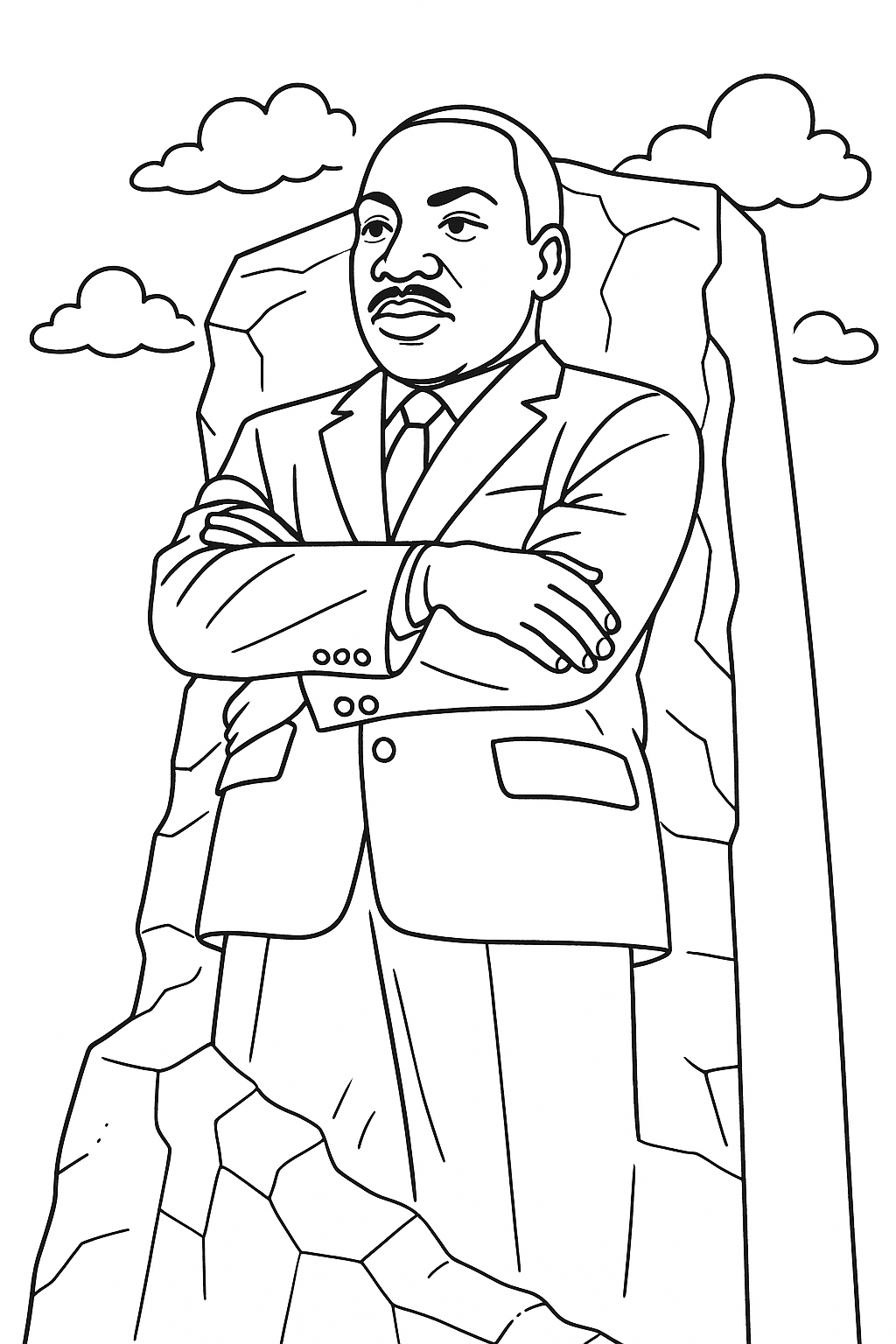 Martin Luther King Jr. carved as a powerful stone figure emerging from rock, inspired by a national monument, standing tall with arms crossed, strong and peaceful expression, clouds and sky behind him representing enduring legacy and justice