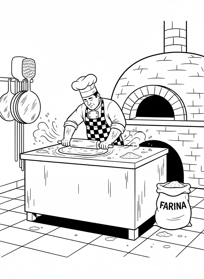 A chef rolling out pizza dough on a counter with rolling pin, flour scattered around, simple bakery scene