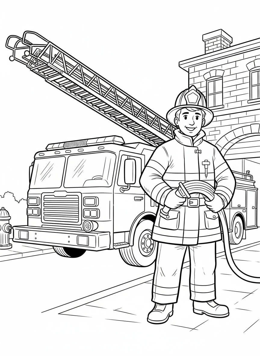 A friendly firefighter standing beside a fire truck, holding a hose and wearing a helmet, with the firehouse in the background.