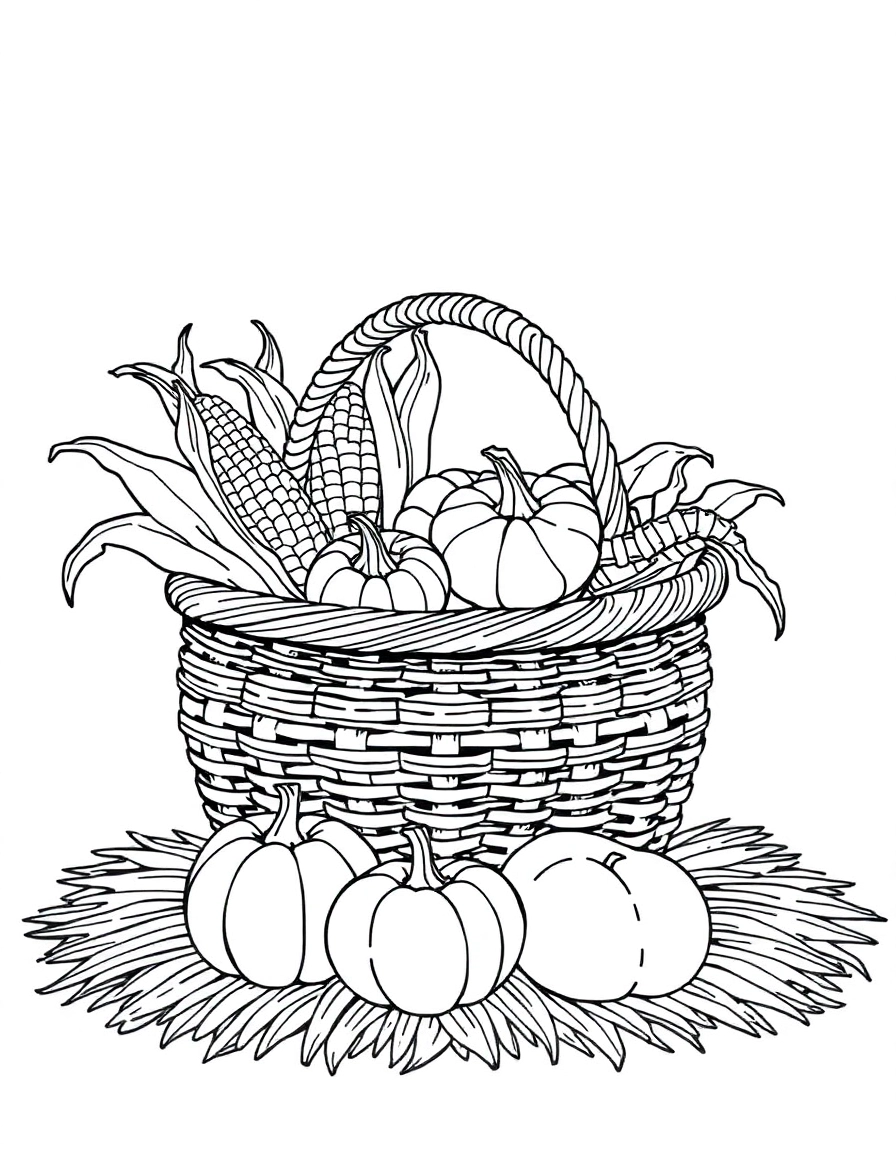 kwanzaa: Harvest Basket: A woven basket (Mazao) overflowing with ears of corn, pumpkins, and fruits, resting on a straw mat.