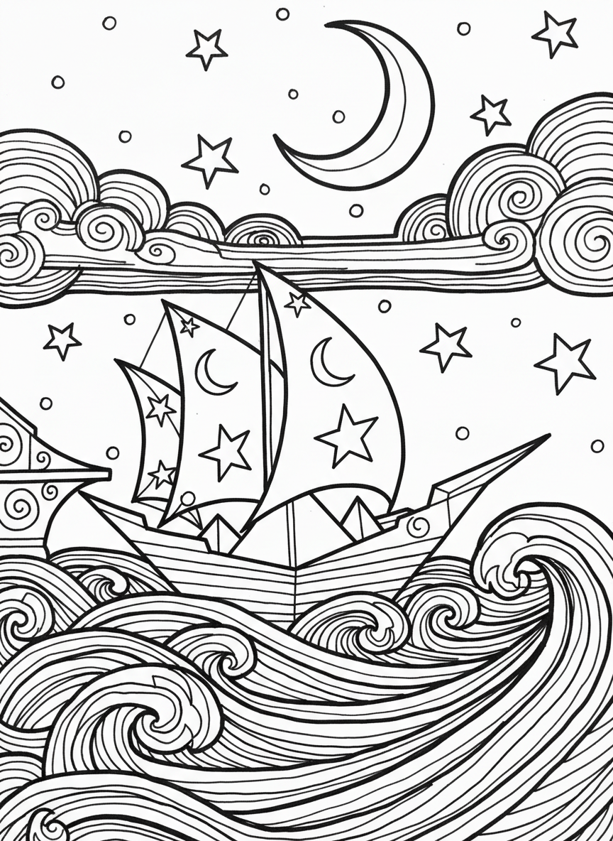 A magical origami ship with star-decorated sails and moon shapes, floating on dreamy swirling waves under a night sky with twinkling stars.