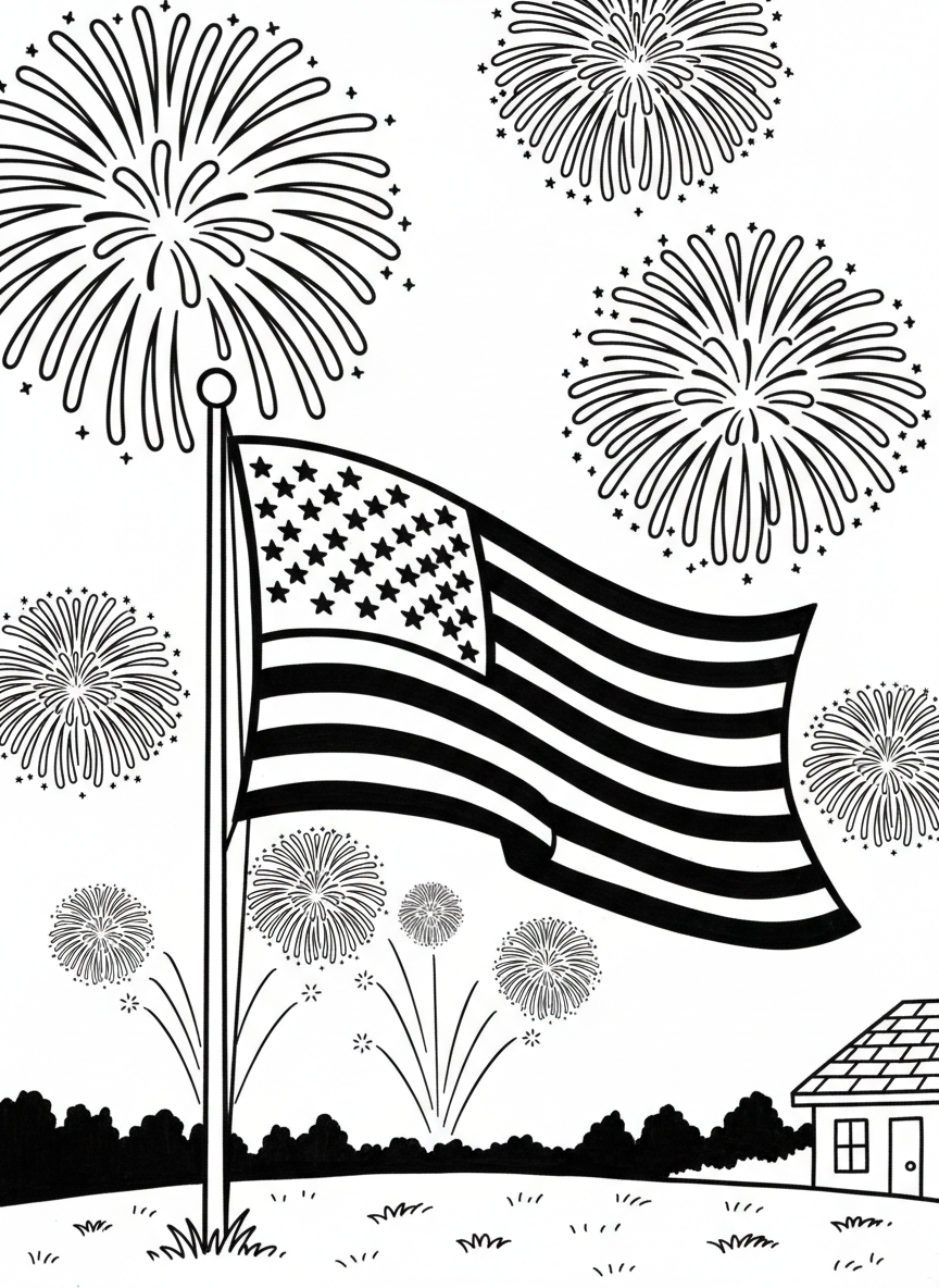 A patriotic scene with an American flag waving in the foreground and fireworks exploding behind it in the night sky.
