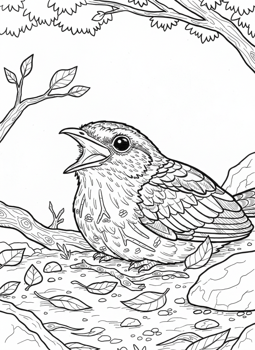 A nightjar bird resting on the ground among leaves and twigs, with its distinctive wide mouth visible, camouflaged pattern on feathers