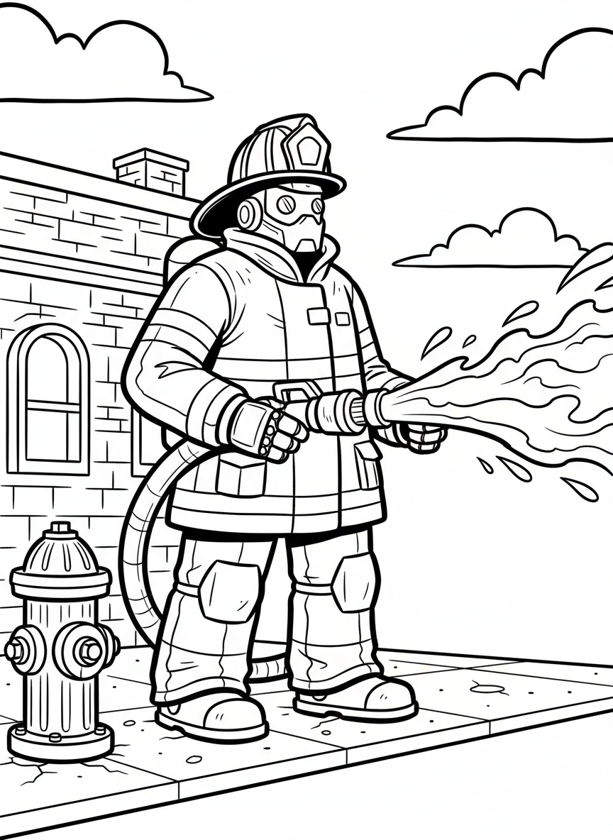 A robot firefighter with hose attachment spraying water, wearing a helmet and standing near a fire hydrant.