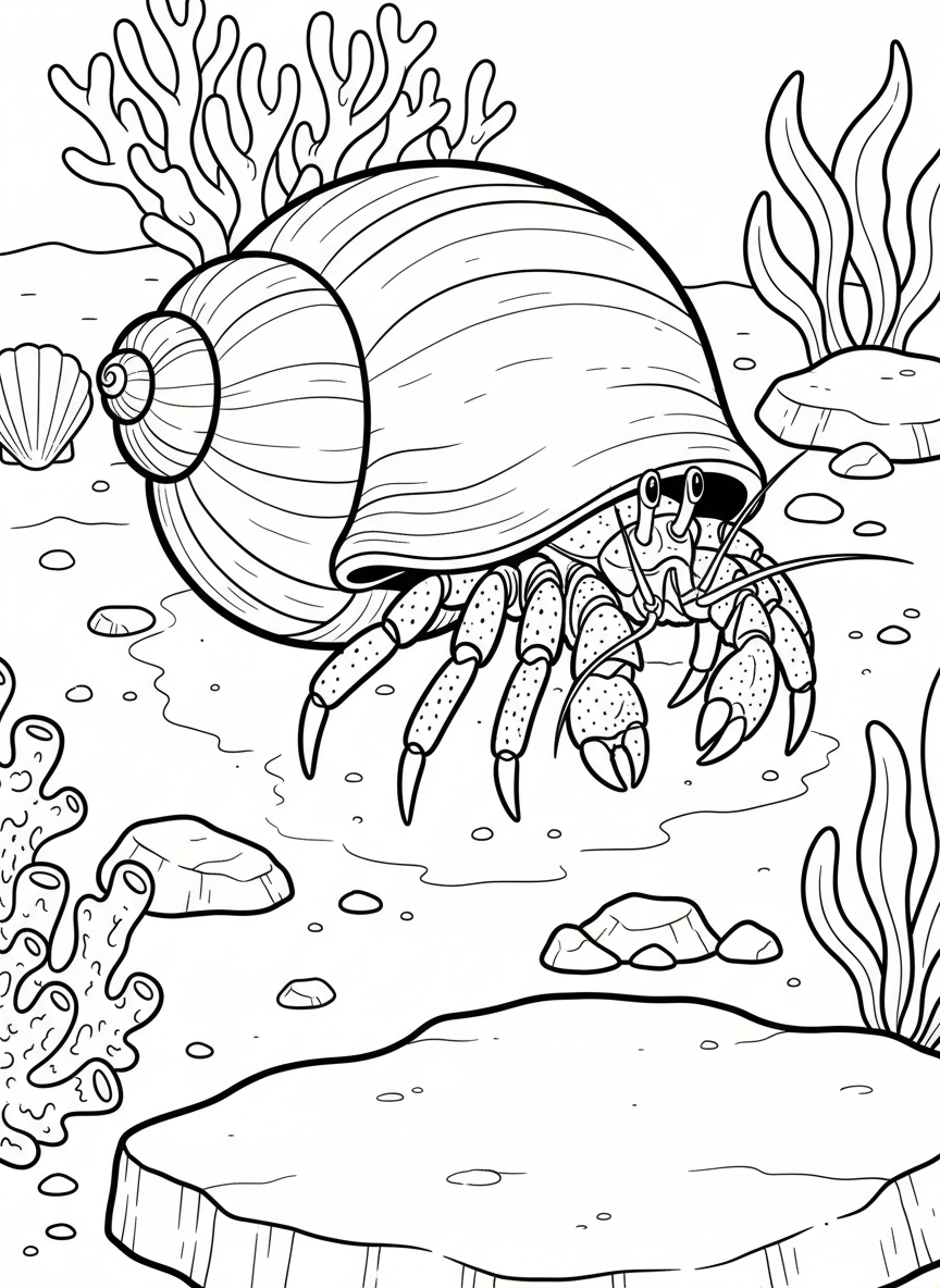 A hermit crab peeking out from its spiral shell, walking across sandy tide pool bottom with small stones scattered around.