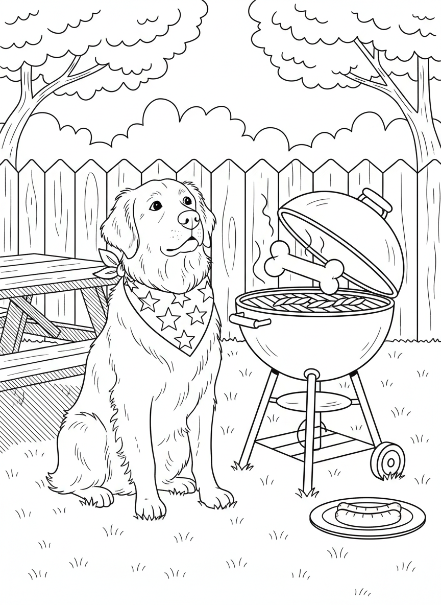 A dog sitting patiently near a grill hoping for treats while wearing a bandana with stars.