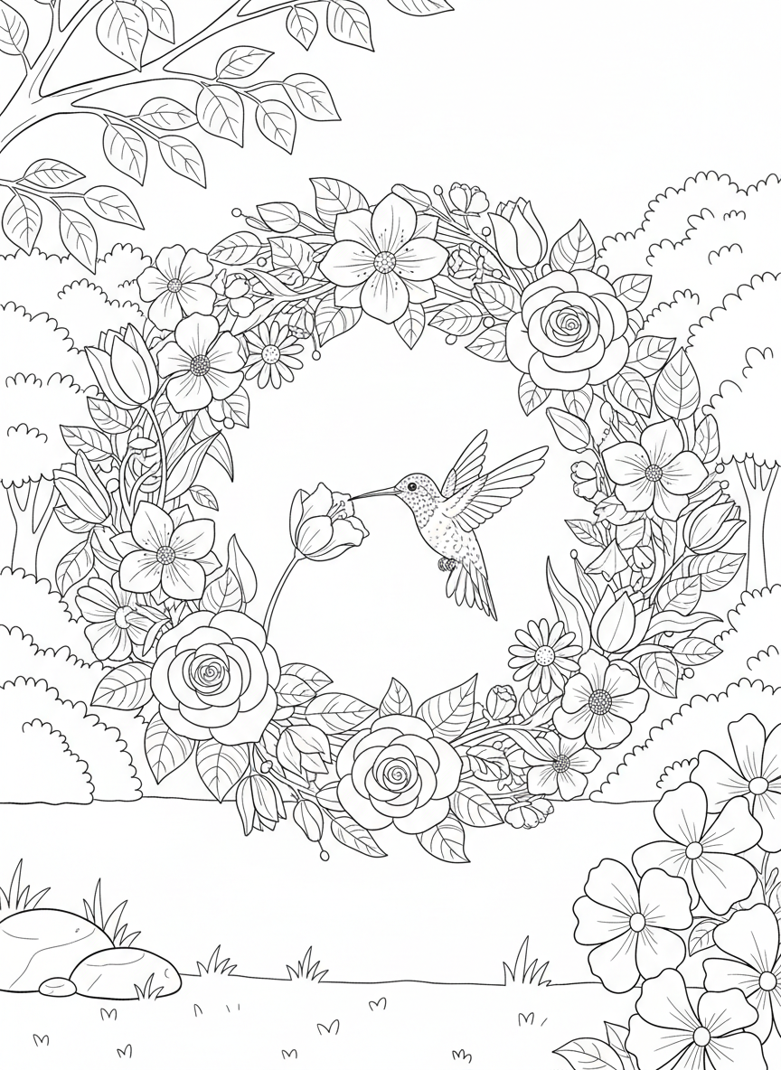 Circular wreath design made of various flowers with a hummingbird at the center, perfect for detailed coloring