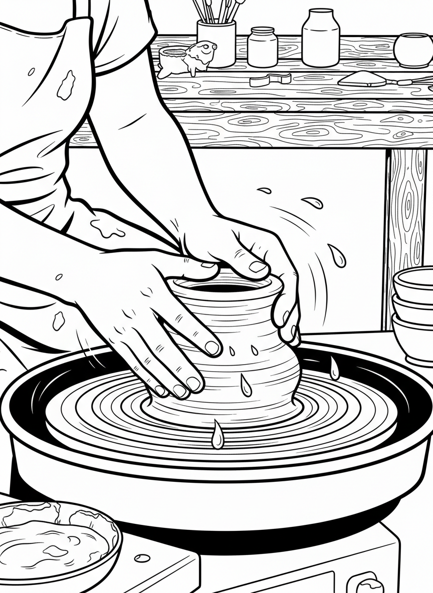 Close-up view of hands centering a lump of clay on a spinning pottery wheel, with water droplets and simple background.