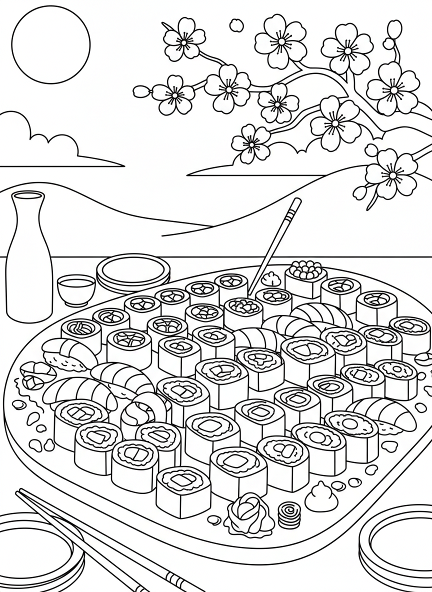 A sushi party scene with various sushi types, rolls, and nigiri arranged on a large platter with decorative garnishes