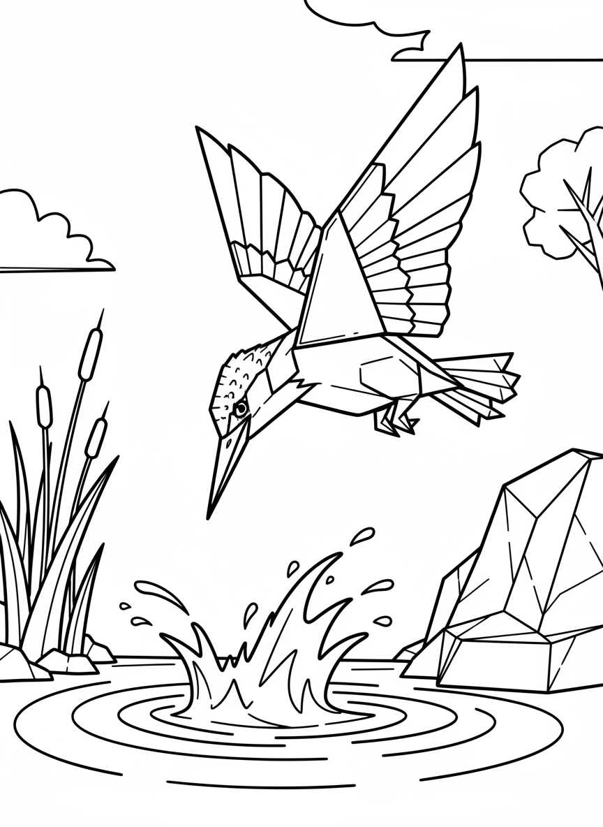 An origami kingfisher diving toward water, with streamlined body, pointed beak forward, and wings swept back in action pose.