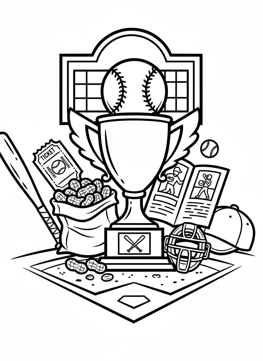 A baseball trophy with a ball on top, surrounded by baseball-themed items like tickets, peanuts, and a program, celebratory composition.
