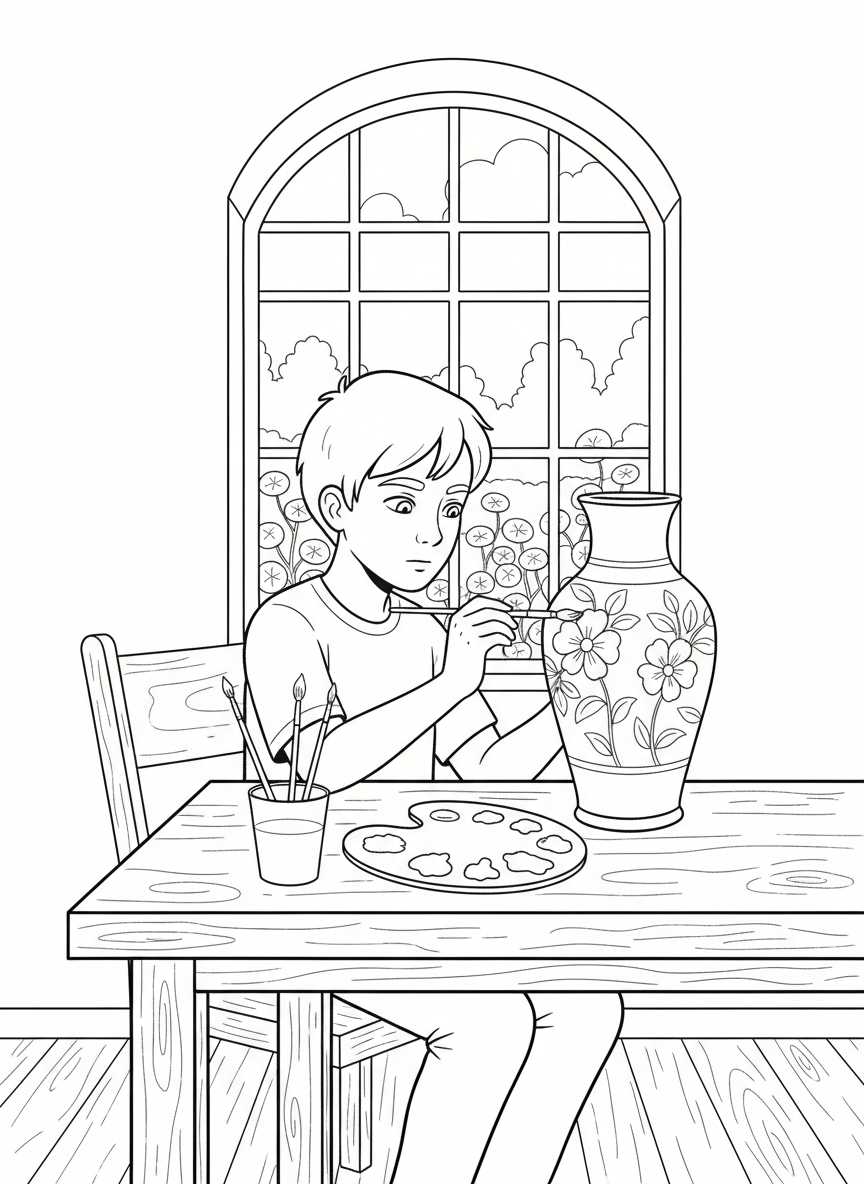 A young artist carefully painting flowers on a ceramic vase, with a water cup and palette of bright paints beside them.