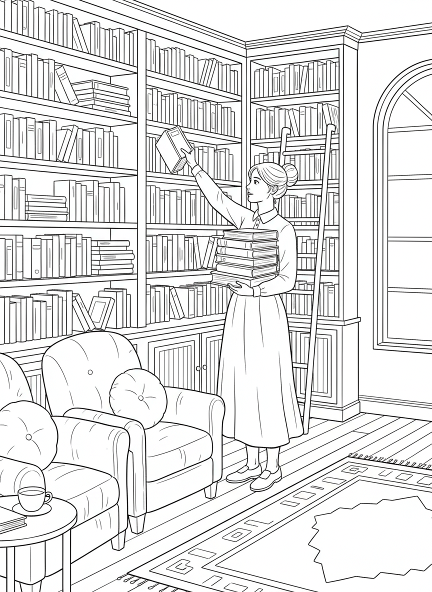 A librarian organizing books on tall shelves in a cozy library, holding a stack of books with reading chairs nearby.