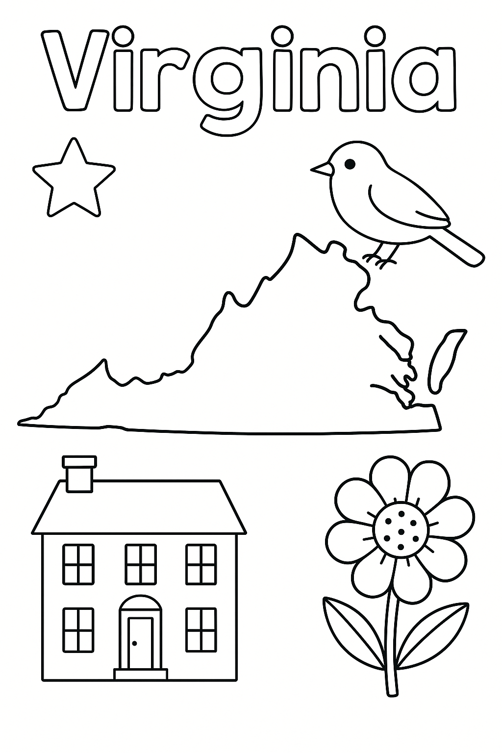 Write “Virginia” once at the top in outlined letters. Make the state outline large and central. Add one colonial house, one flower, one bird, and one star in corners.