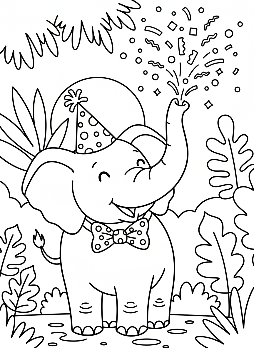 A cheerful elephant spraying confetti from its trunk while wearing a sparkly party hat and bow tie