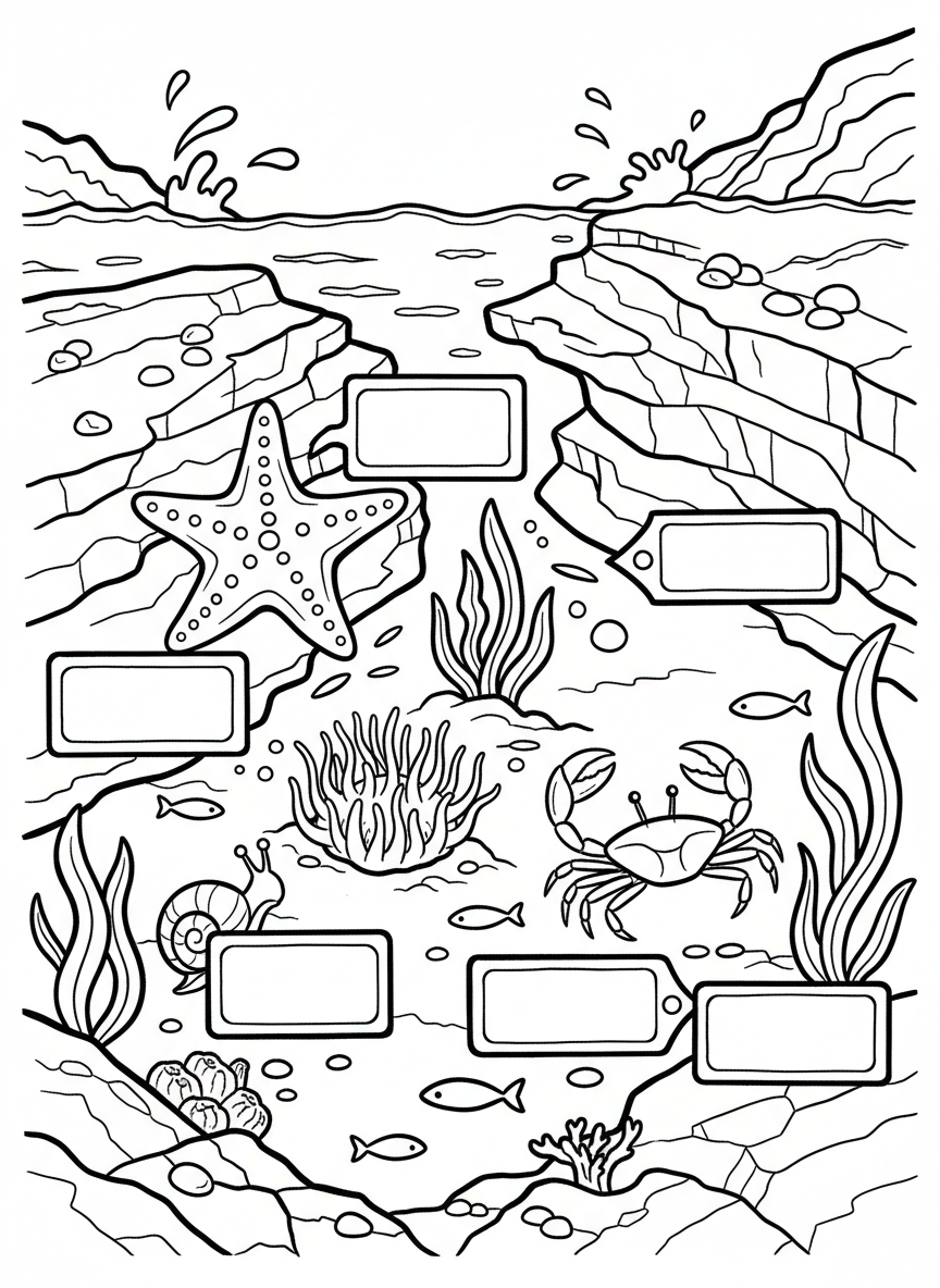 An explorer's log featuring a tidepool cross-section view showing rocks, water, and various creatures with blank identification tags