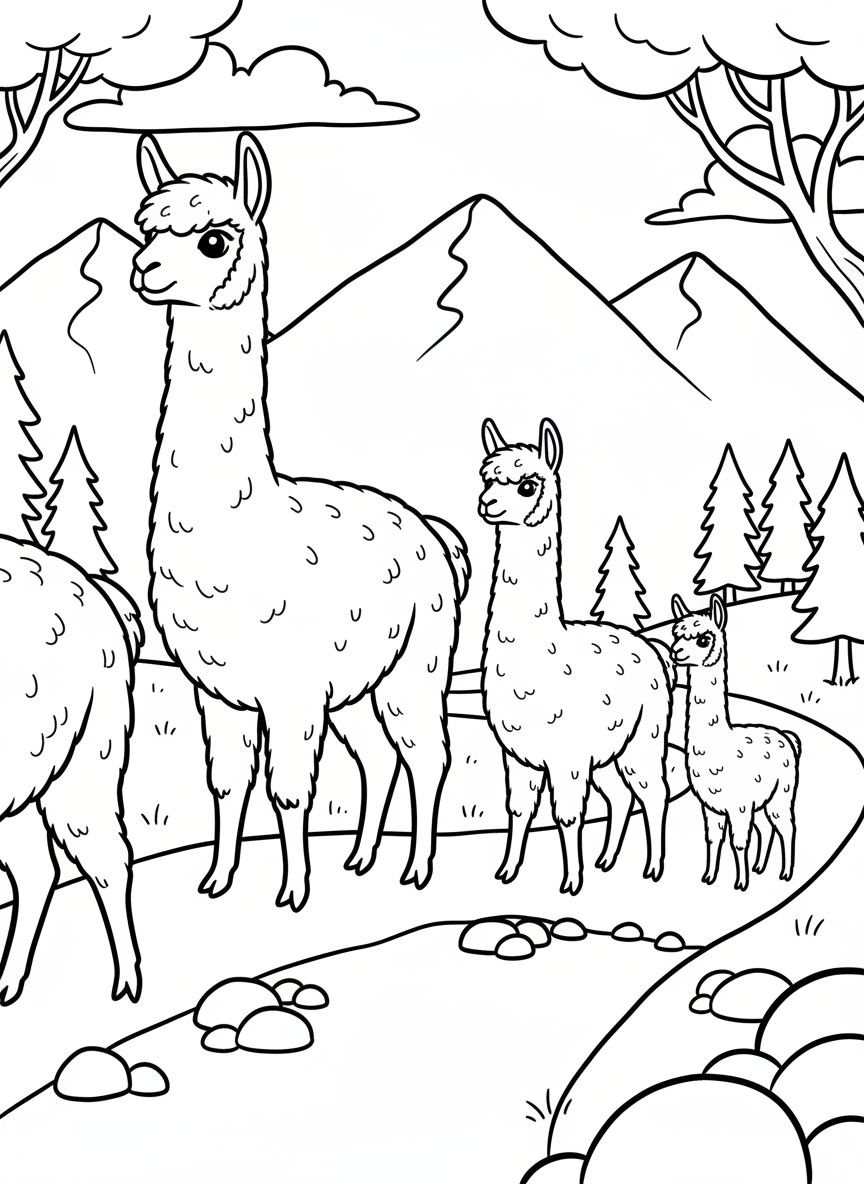 An alpaca family walking in a line along a simple mountain path, with the baby alpaca following its parents.