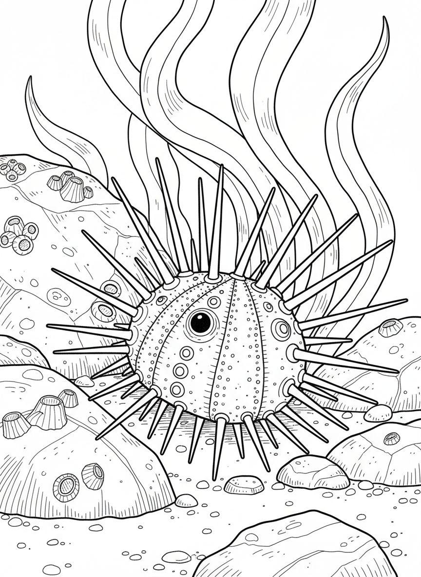 A curious sea urchin with detailed spines sitting on the ocean floor next to barnacle-covered rocks and kelp.