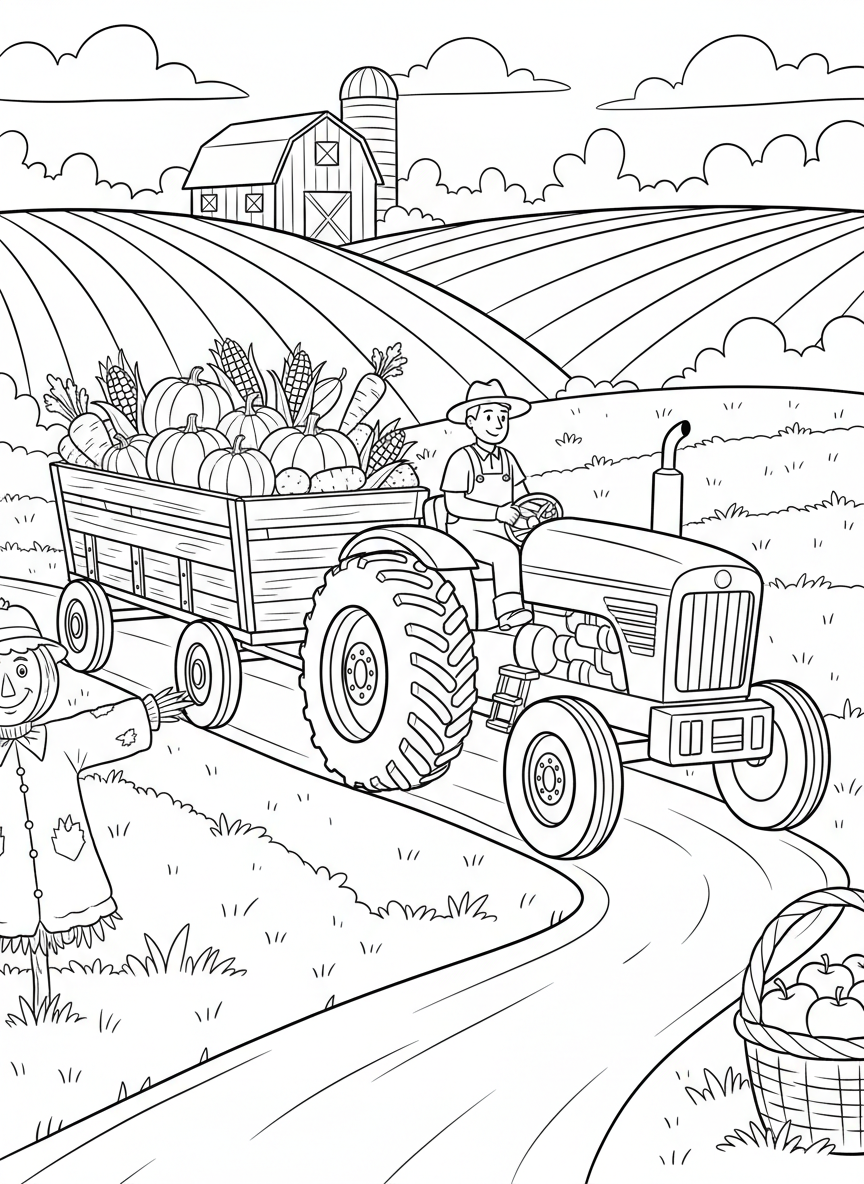 A tractor pulling a wagon full of harvested vegetables like pumpkins and corn, detailed farm harvest scene for coloring.